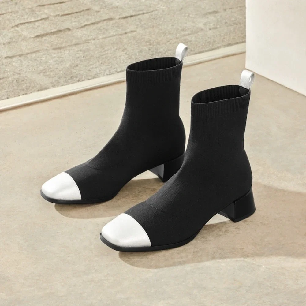 VIVIAIA Sock Boots Black Silver Cap‎ Toe Block Heel Knit Ankle Women Size 7.5